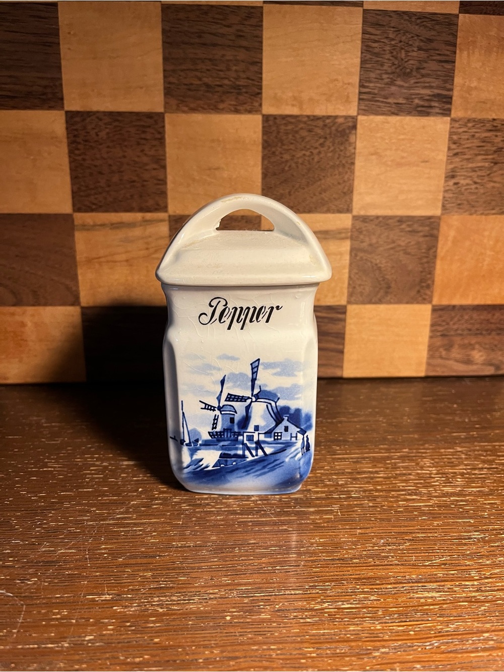 German Inga Delft Blue and White Pepper Canister A543, small chip on handle top